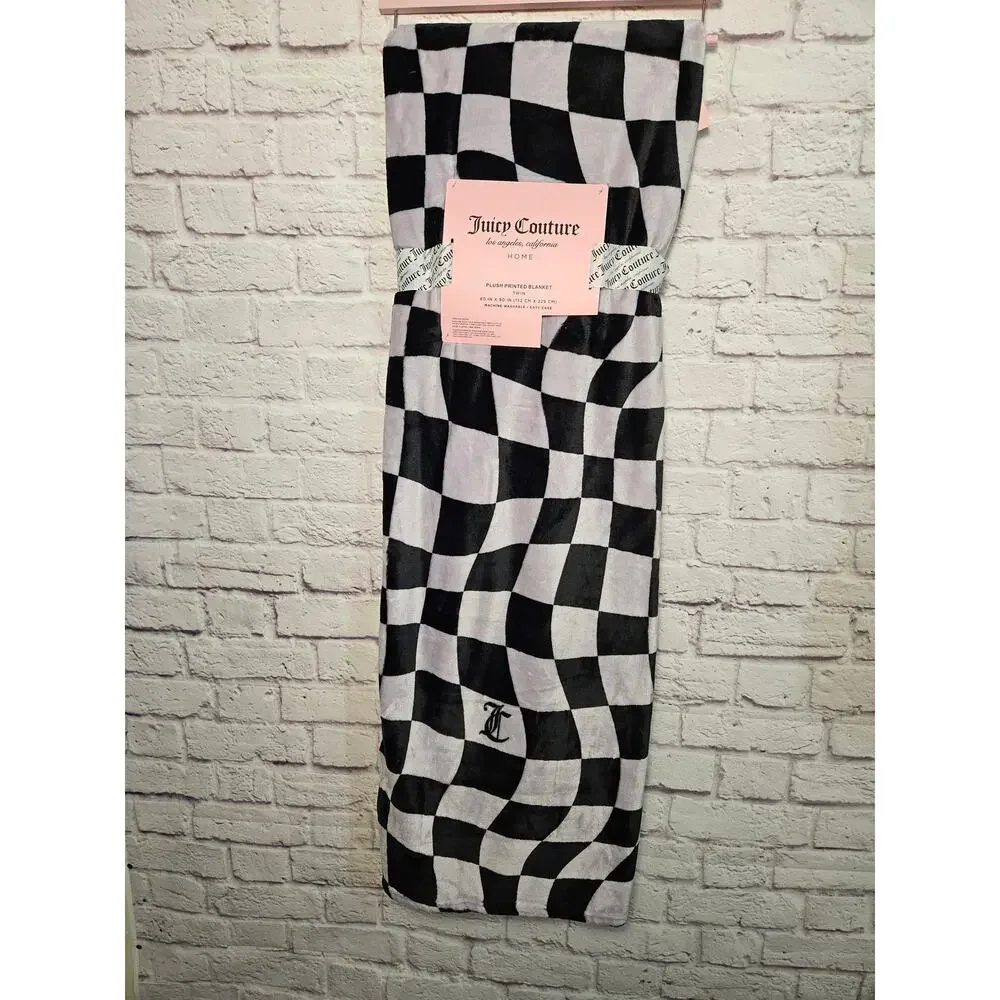 Juicy Couture Plush Printed Twin Blanket NWT Black Checkered‎ Logo Soft